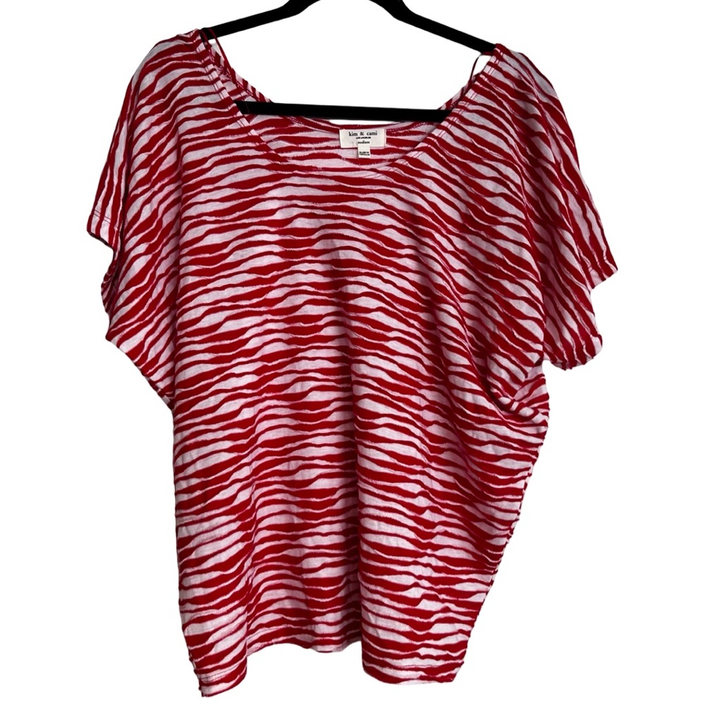 NWOT Kim & Cami Vibrant Red and White Striped Blouse Loose Boxy‎ Fit Women's Med